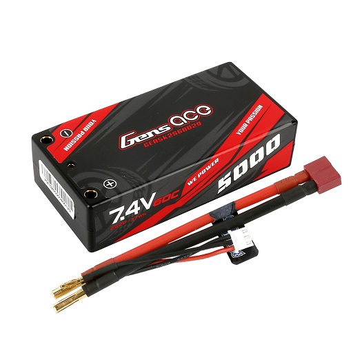 Gens Ace LiPo 2S 5000mAh 7.4V 60C Shorty Hardcase 4.0mm bullet to Deans